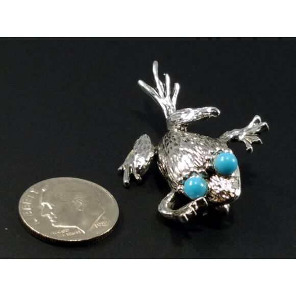 Vintage Emmons Frog Brooch Silver Tone Turquoise Eyes 1970s Book Piece Pin - Picture 7 of 10